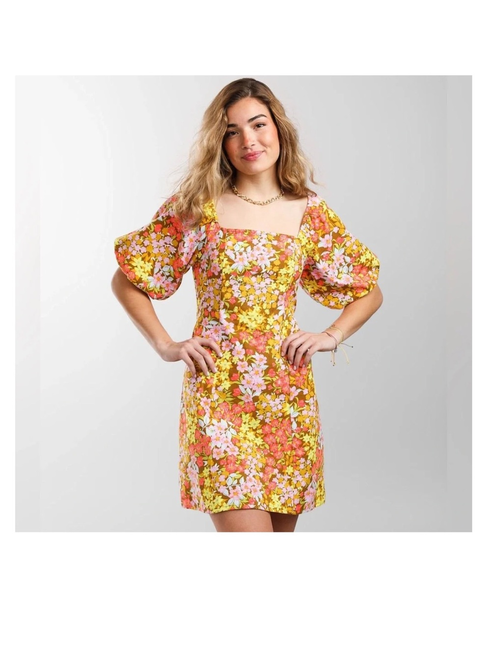 Billabong Floral Mini Dress in Olive, Pink, Coral & Yellow
